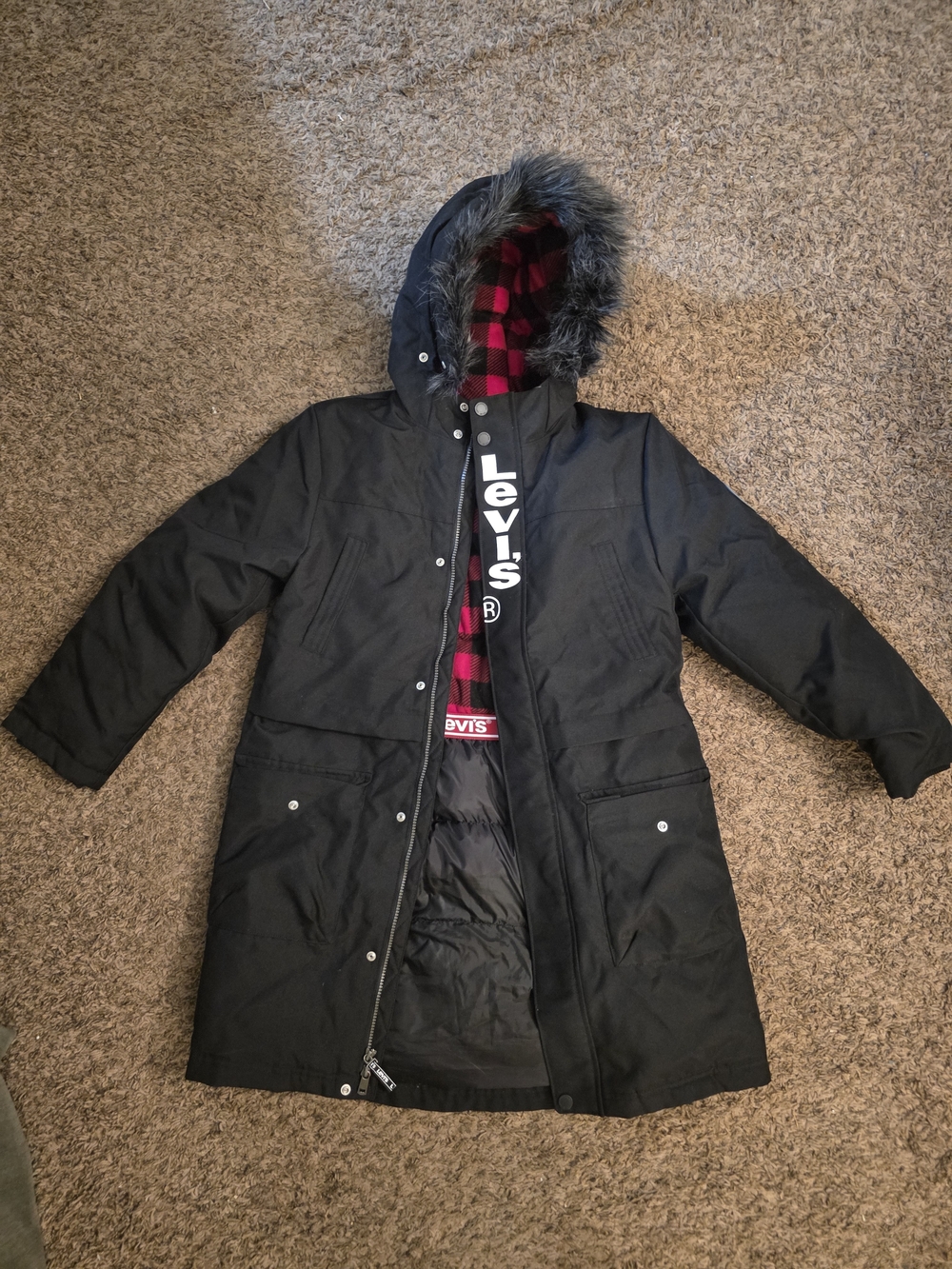 Levi's Black Kids Hooded Puffer Coat with Faux Fur Trim